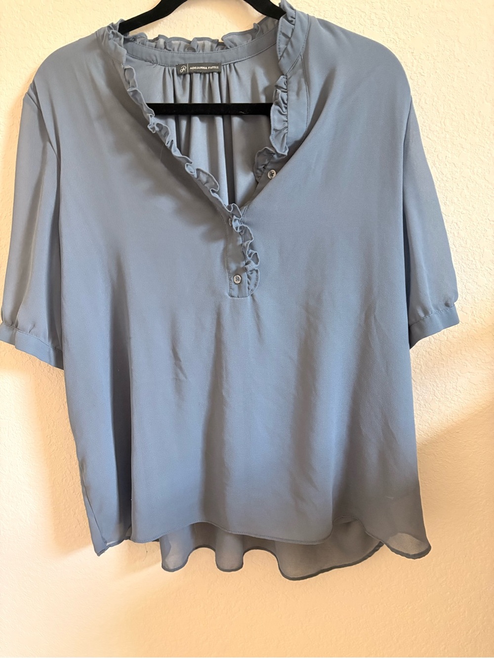 Adrianna Papell Stone Blue Ruffle Neck Chiffon Blouse Sheer Sleeve unmarked size